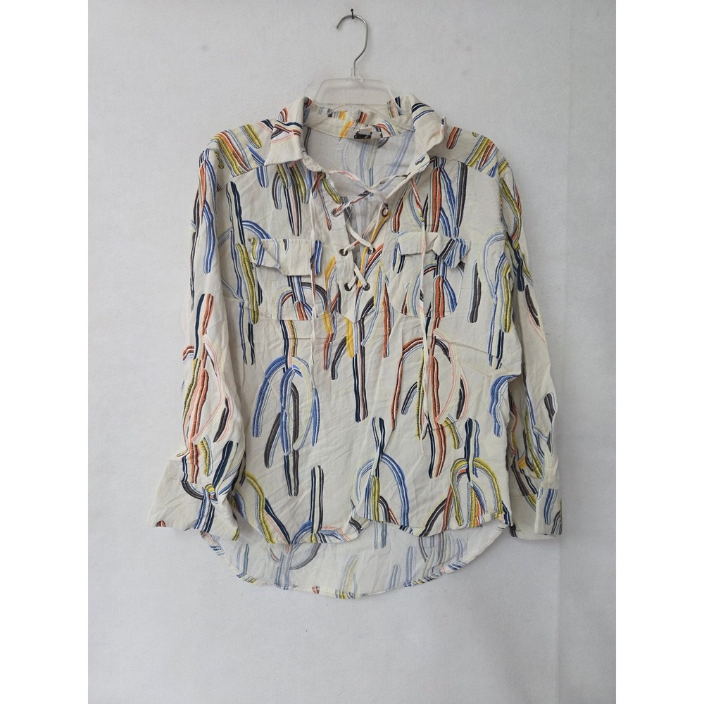 I.Madeline Cactus Print Blouse Women M Cream Lace Up High Low Long Sleeve Top